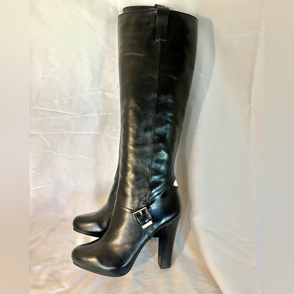 MICHAEL Michael Kors Tamara Black Leather Knee-High Heeled Boots 10 - Picture 4 of 11